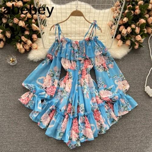 Women Off Shoulder Strap Dress Slash Neck Puff Sleeve Wide Leg Jumpsuits Summer Bohemian Print Vacation Short Playsuit