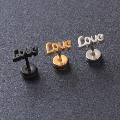 1 pair Titanium steel LOVE Letters Ear Stud Mens Womens Earring Punk Unisex Jewelry stud earrings for men screw back pierced