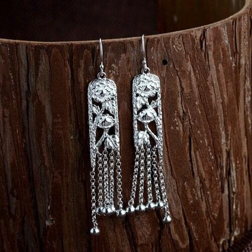 100%925silver restoring ancient ways bluing process eardrop women tassel accessories long silver earrings