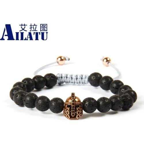Ailatu Jewelry Wholesale 10pcs/lot 8mm Lava Stone with Antique Silver Color Micro Pave Spartan Helmet Macrame Bracelet