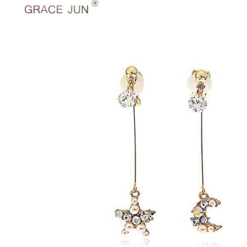 GRACE JUN Gold Color Rhinestone Simulated Pearl CZ Moon Star Shape Clip on Earrings and Drop Pierced Earrings for Women Bijoux