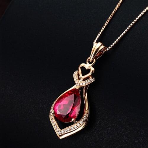 14K Rose Gold 45cm Necklace Ruby Pendant for Women Red Topaz Wedding Gemstone Pierscionki Chain Naszyjnik Ruby Necklaces Joyas