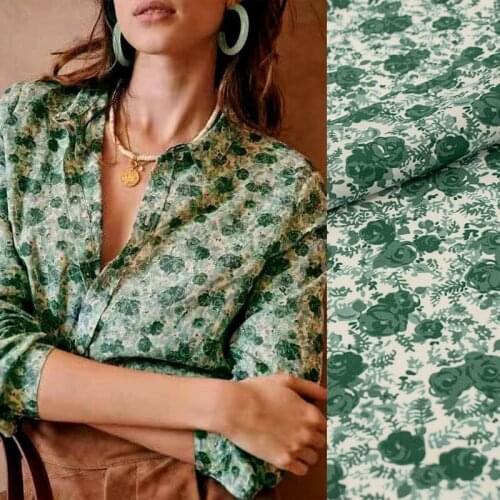 Green Little Rose Elastic Crepe DE Chine Silk Fabric For Shirt Tissus Au MÈTre Telas Por Metro Tissu Ткань Для Шитья Sewing Tela