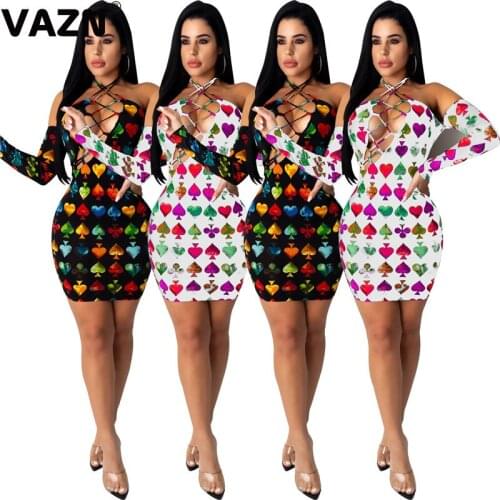 VAZN Hot slae 2020 summer sexy lady white black print mini dress halter drawstring sheath dress full sleeve sexy club chic dress