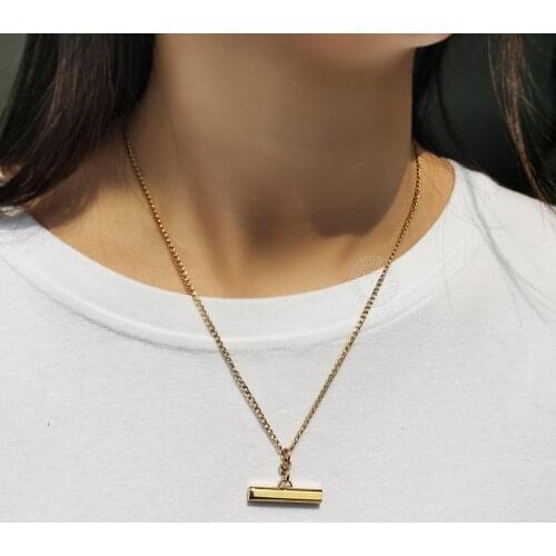 ID Necklace for Women Girls Dainty Gold Color Stainless Steel Personalized Engraving Bar Stick Pendant Curb Cuban Chain LTNS027