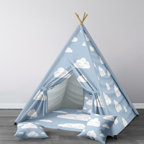 Play Tent for Kids Wigwam Portable Indoor Playground Tents Children Bedrooms Happy Cloud Light Blue White Model 019