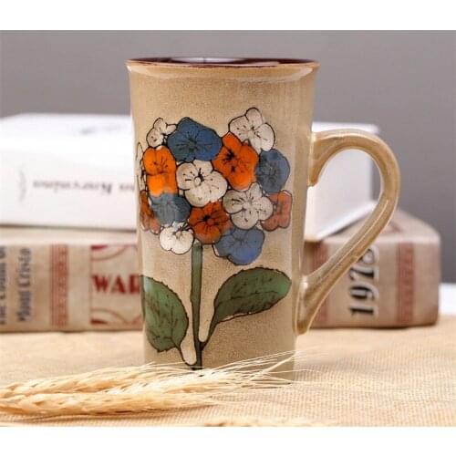 Nordic Ceramic Hand Painted Flowers Coffee Mug Large Capacity Creative Retro Personality Couple Milk Mug Office Teacup Drinkware