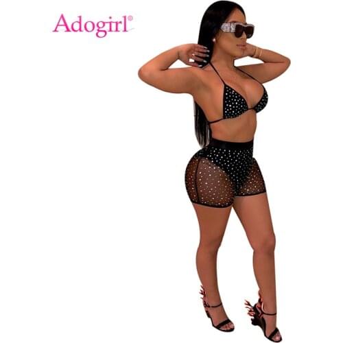 Adogirl Sheer Mesh Diamonds Night Club Two Piece Set Women Fashion Sexy Tankini Swimwear Bra Top + Summer Shorts Party Outfits