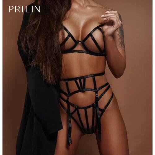 Women Sexy Lingerie Set with Garter Belt Push Up Bras See Through Panties Transparent Erotic Temptation Sensual Underwear