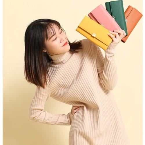 Korean Women Ms Wallet Long Pu Purse Buckle Multifunction Fashion Clutch High Capacity Zipper Phone Bag Standard Wallets