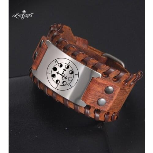 LIKGREAT Night & Moon Goddess Lilith Seal Charm Leather Wrap Bracelets for Men Solomon Talisman Adjustable Bangles Wrist Jewelry