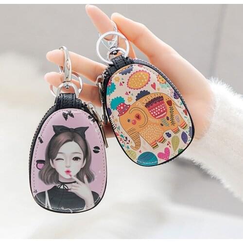 Leather Keychain Men Women Key Holder Organizer cute Key Wallet Housekeeper Key Case Mini Card Bag with keychain