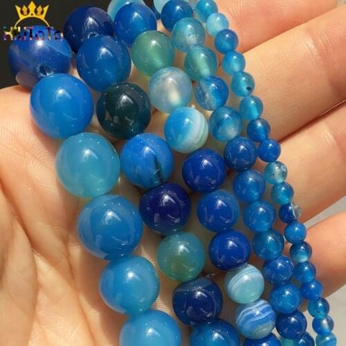 Natural Stone Blue Striated Agates Onyx Round Loose Beads For DIY Jewelry Making Bracelet Accessories 15'Inches' 4 6 8 10 12mm