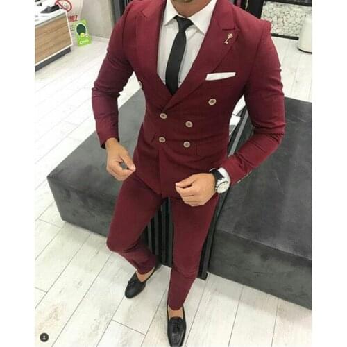 2020 New Burgundy Men Suit For Wedding Custom Slim Fit Double Breasted Bridegroom Men Suits Causal Prom Groom Terno 2Pieces