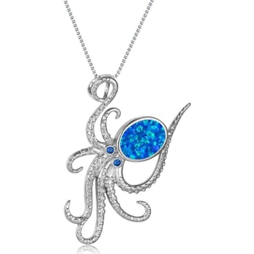 Blue Fire Opal Stone Necklace Cute Animal Octopus Pendant Necklace Dainty Silver Color Chain Necklaces For Women Wedding Jewelry