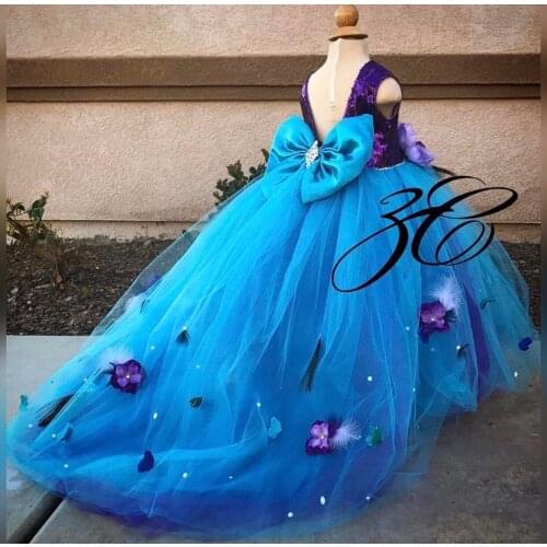 Purple flower girl dress long train open back sequin top girl prom evening gown pageant dress