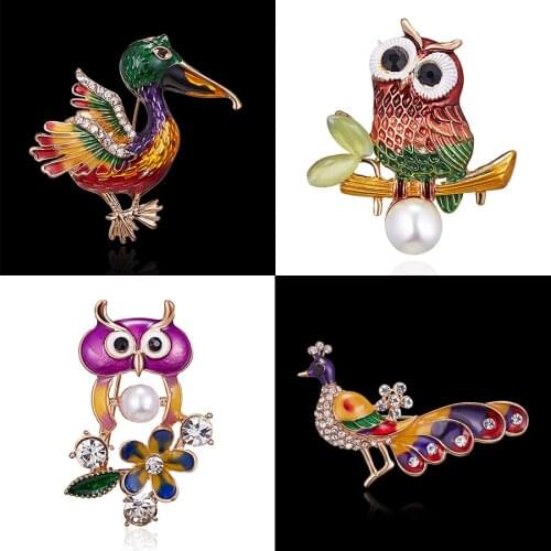 Colorful Enamel Metal Owl Rhinestones Brooch Crystal Starling Peacock Brooch Pins Women Men Clothes Scarf Buckle Collar Jewelry