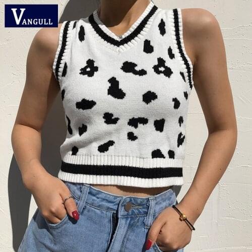 Vangull Animal Cow Print Cute Sweater Vest Women V-Neck White Sleeveless Tank Jumper Ladies Preppy Style Knitting Pullovers