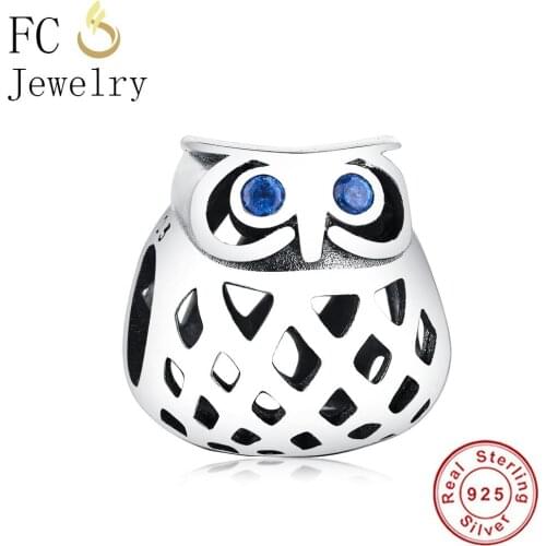 FC Jewelry Fit Original Brand Charm Bracelet 925 Sterling Silver Owl Blue Zirconia Crystal Eye Beads Women For Making Berloque