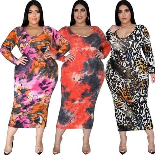 Plus Size Slim Leopard Print Dress Women Long Sleeve Tie Dye Split Bodycon Skinny Party Wear Night Club Outfits 5XL