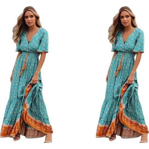 2 Pcs Retro Maxi Dress Women Summer Short Sleeve V Neck High Waist Dress Floral Print Lake Blue L & XL