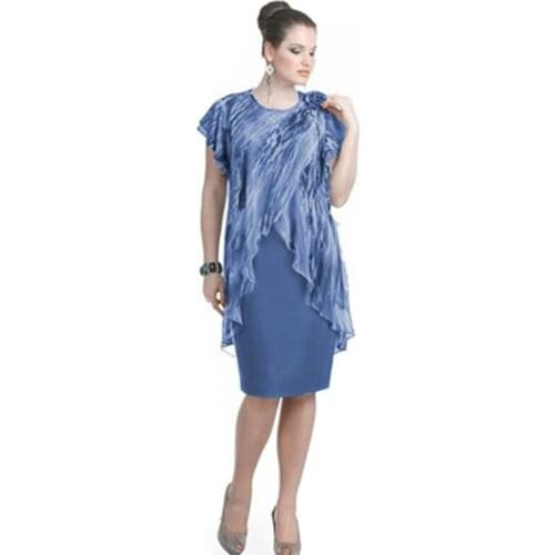 Summer Elegant Dress Womens Clothing Knee-Length Fake Two-Piece Dress Chiffon Ruffles Fashion Womens Dress Plus Size