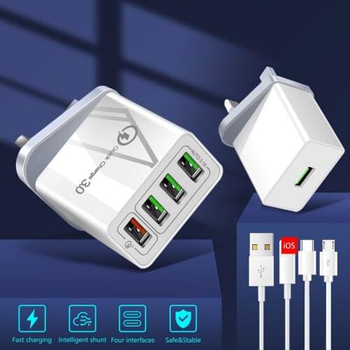 2.4/3A 5V 1/4 USB QC 3.0 UK Plug USB Charger With Cable Quick Charge 3.0 Phone Adapter Wall Mobile Phone Charger Fast Charger