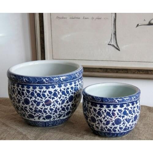 2 PCS Set Ceramic Fishbowl Planter Blue And White Porcelain Fish Bowl Decorations Goldfish Turtle Fish Tank