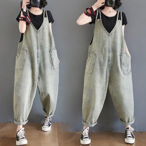 2021 Fashion Spring Solid Jeans Look Thin Denim Washed Overalls Women Loose Streetwear Trousers Casual Pocket Jumpsuit Bib Pants