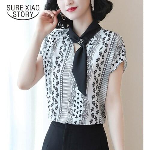 2021 Summer New Printed Blouse Vintage Tie Strap Loose Shirt Office Lady Striped Silk Shirt Short Sleeve Blouse Women 9467 50
