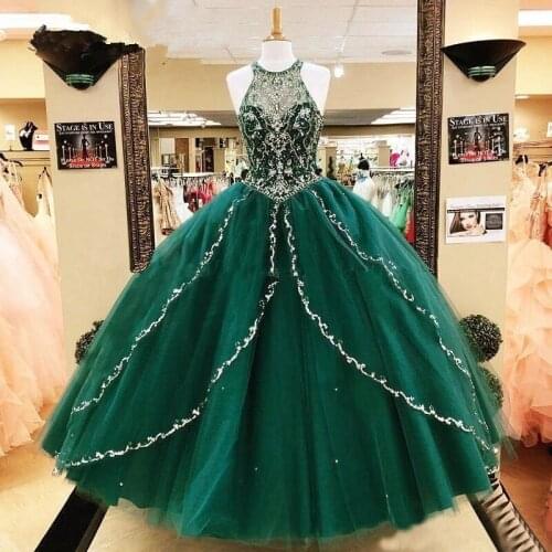 Angelsbridep Halter Ball Gown Quinceanera Dresses Luxury Crystals Sweet 16 Dress Sparkly Beads Sequins Lace-up Vestido 15 Anos