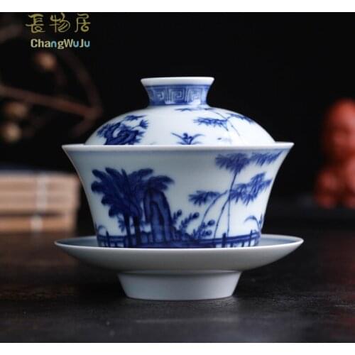 Changwuju in Jingdezhen fine Cups & Saucers the blue and white chinese tea cup bowl with cover that was firing in firewood kiln