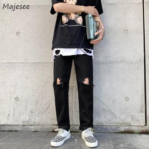 Jeans Men Black Denim Hole Trousers Ins Hip-pop Harajuku Vintage Leisure Straight Loose Outwear Stylish Slim High Street Trendy