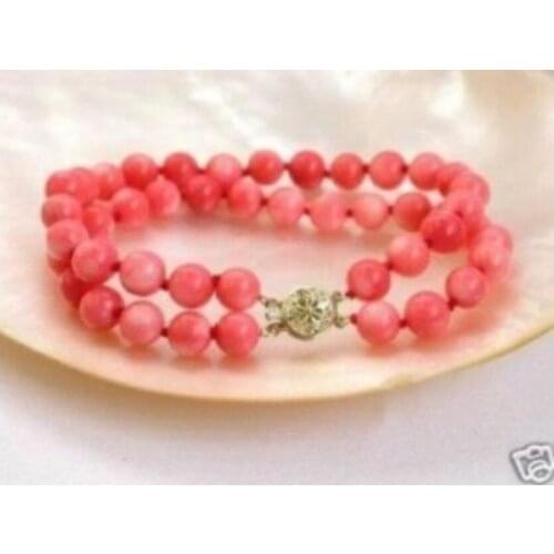 ELEGANT 2 ROWS PINK CORAL BEAD BRACELET 7.5''^^@SHIPPING 5.26