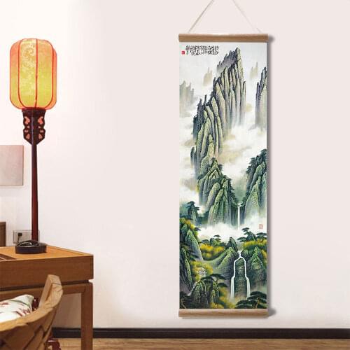 Chinese Traditional Style Ink Scenery Mountain Canvas for Living Bedroom Wall Art Poster Solid Wood Scroll Paintings Home Decor