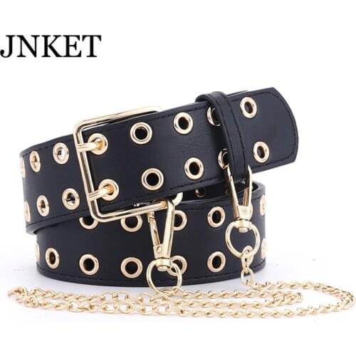 JNKET New Womens Punk Double Pin Buckle Belt Grommet Rivets Waist Belt PU Leather Cinturon Chain Waistband Jeans Belt