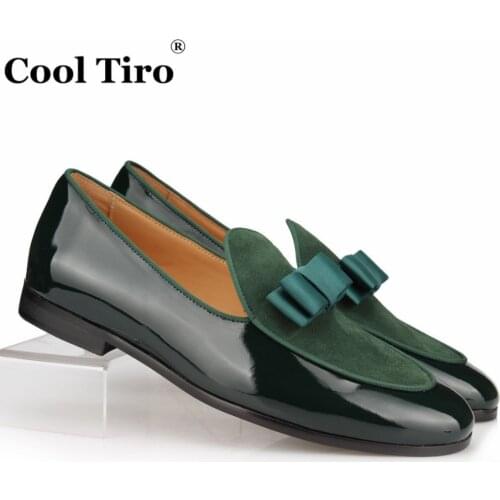 COOL TIRO Patent Leather and Suede Loafers Men Slippers Bowknot Wedding Dress Mens Flats Slip on office Gentlemen Casual Shoes