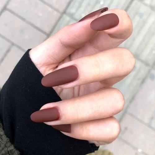 24pcs Matte artificial nails with glue Frosting circular head deep Coffee acrylic nail tips for girls