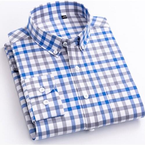 Fashion Brushed Cotton Plaid Checkered Shirt Mens Patch Pocket Slim Fit Long Sleeve Thick Casual Button Down Gingham Shirts