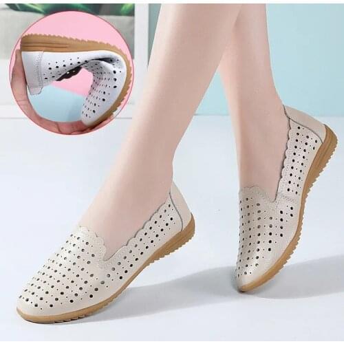 Cheap Flat Heel Beige Shoes Women Concise Hollow-Out Flats Summer Casual Shoes For Nurse Girls Orange Loafers Girls Dress Shoes