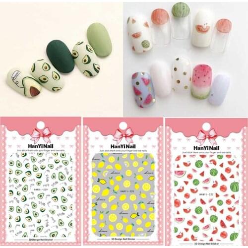 NEW 1pcs Summer Fruit series self-Adhesive 3D Nail Stickers Tips Lemon/Avocado/Strawberry Design Beauty Nail Decals MYHY328-336