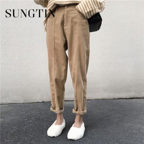 Sungtin New High Waist Loose Trousers Woman 2020 Harajuku Vintage Corduroy Pants Solid Loose Black Pants Womens Fashion Korean