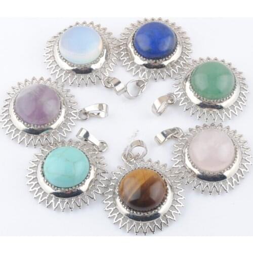 Wholesale 10Pcs/Lot Sun Pendants Round Cabochon Stone Rose Quartzs Opal Lapis Lazuli Reiki Chakra Jewelry For Necklace QBN428