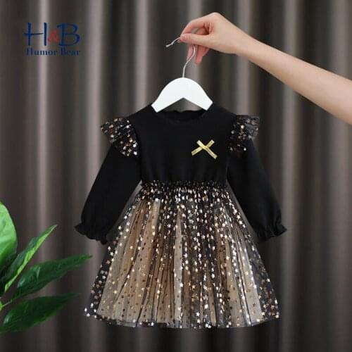 Humor Bear Autumn Girls Sress Long Sleeve Star Printed Long Dress Cotton Kids Princess Party New Year Dresses