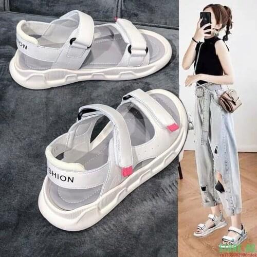 Sports Womens PU Leather Sandals Summer Flat Bottom Student Non-slip Wild Shoes 1 New Platform Leisure Beach Shoes