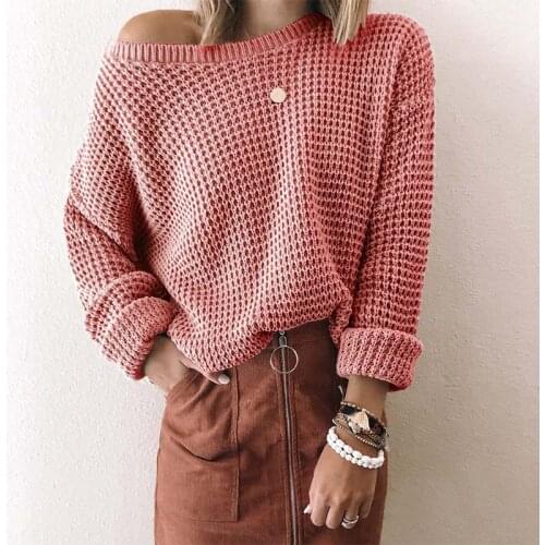 2021 Autumn Knitted Sweater Women Sexy Off Shoulder Jumper Ladies Loose Knitwear Casual Solid Color Long Sleeve Pullover