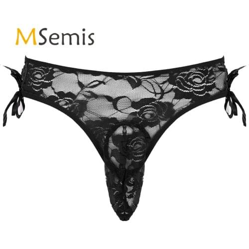 Mens Lingerie See-through Lace Panties Low Waist Briefs Bowknot Decor Elastic Waistband Underwear Bulge Pouch Underpants