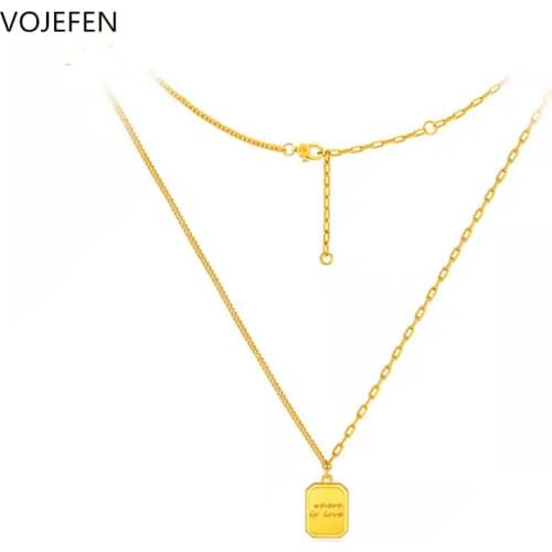 VOJEFEN 18k Real Gold Square Pendant Necklaces for Women Men Gold Medallion Necklace Choker Wtih Exquisite Chain Jewelry