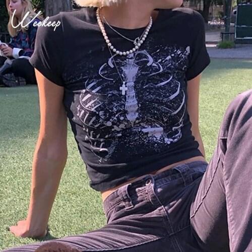 Weekeep Gothic Print Black T-Shirt Women Short Sleeve Pullover Punk Crop Tops Summer Skinny Tee Casual Basic Harajuku Streetwear