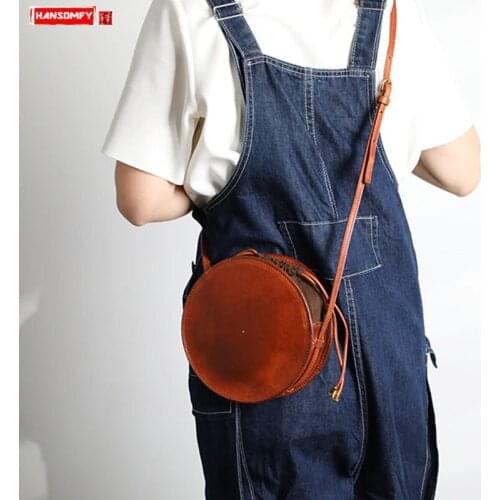 2020 New Retro Womens Bag Small Round Drawstring Bag Women Fashion Wild Shoulder Messenger Bags Cowhide Leather Female Ladies